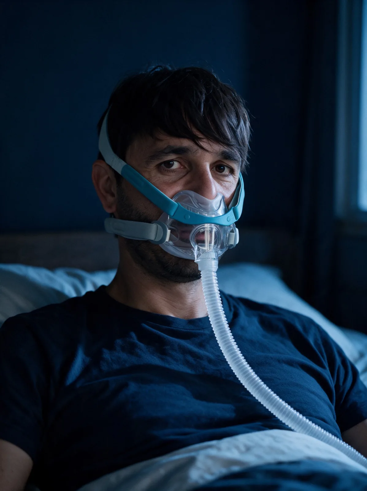 Mann lehnt nachts im Bett, trägt eine CPAP-Maske und blickt ruhig und selbstbewusst in die Kamera