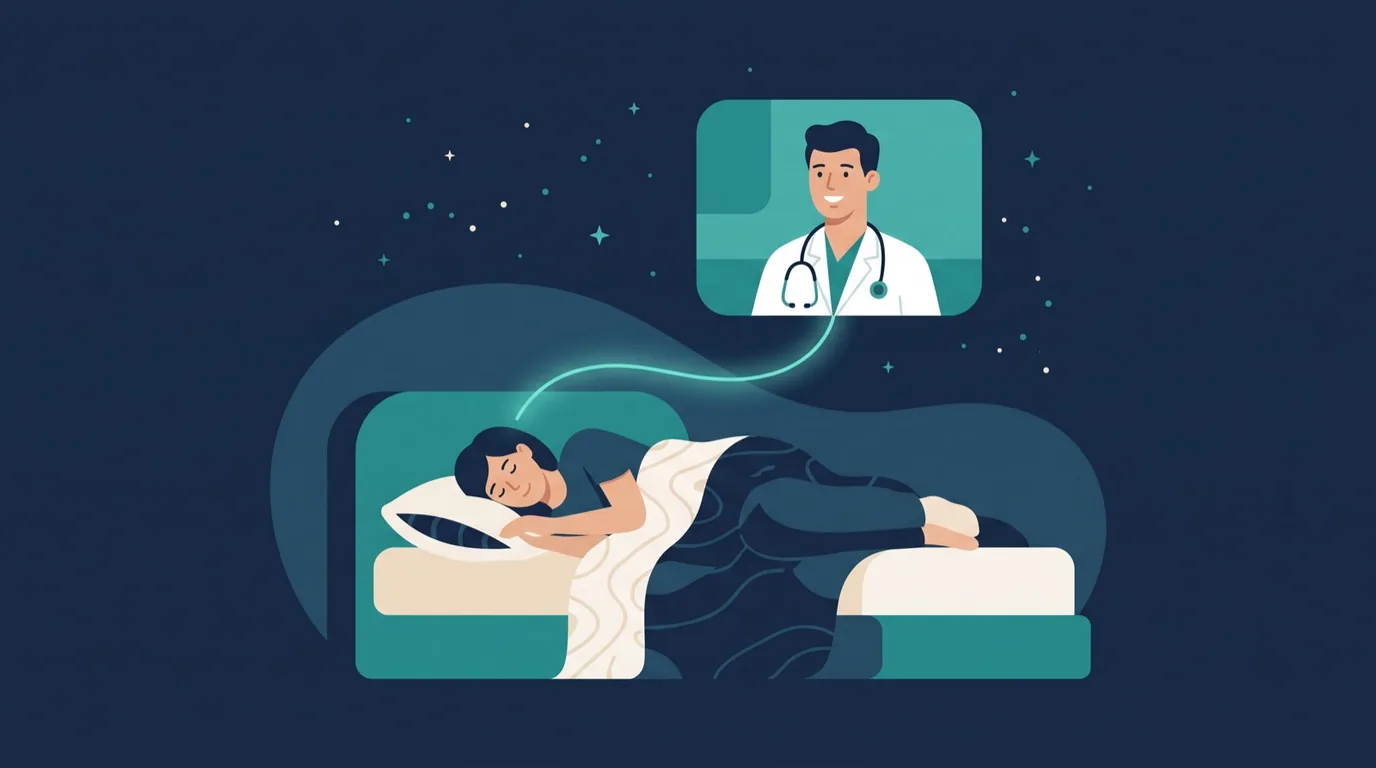 Illustration: ein Mensch schläft ruhig im eigenen Bett, eine sanfte Linie verbindet das Bett mit einem Arzt in einem Videofenster